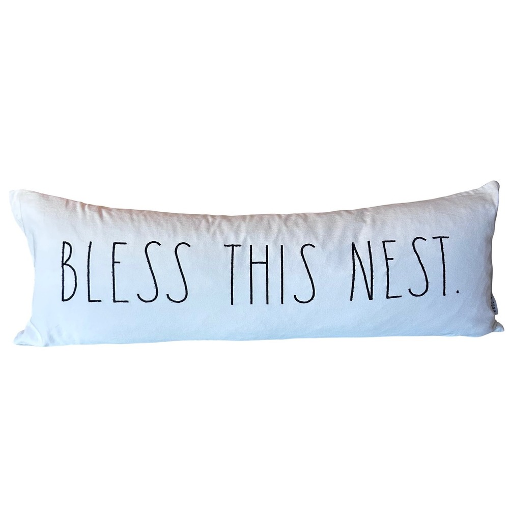 Rae Dunn Bless This Nest Lumbar Pillow White Farmhouse Decorative Accent Cushion